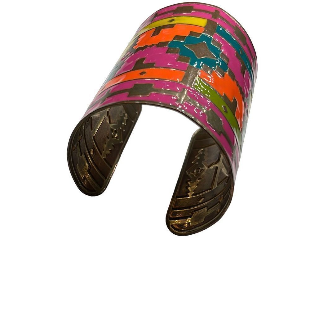 Enamel Tribal Painted Native American Inspired Wide Cuff Bracelet - Picture 4 of 4